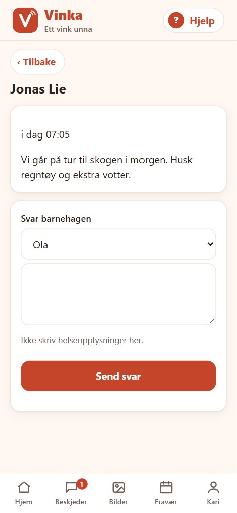 Skjermbilde: En beskjed fra barnehagen med svarfelt rett under