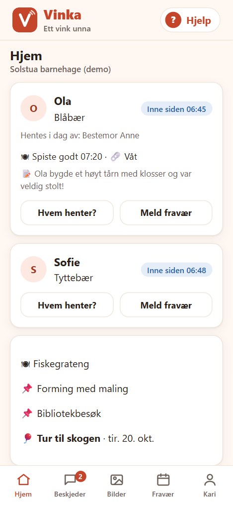 Skjermbilde: Startsiden for en forelder, med barnets dag, meny og nye beskjeder