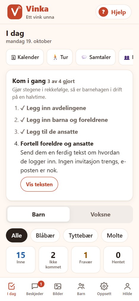 Skjermbilde: I dag-siden for ansatte, med barn som er sjekket inn
